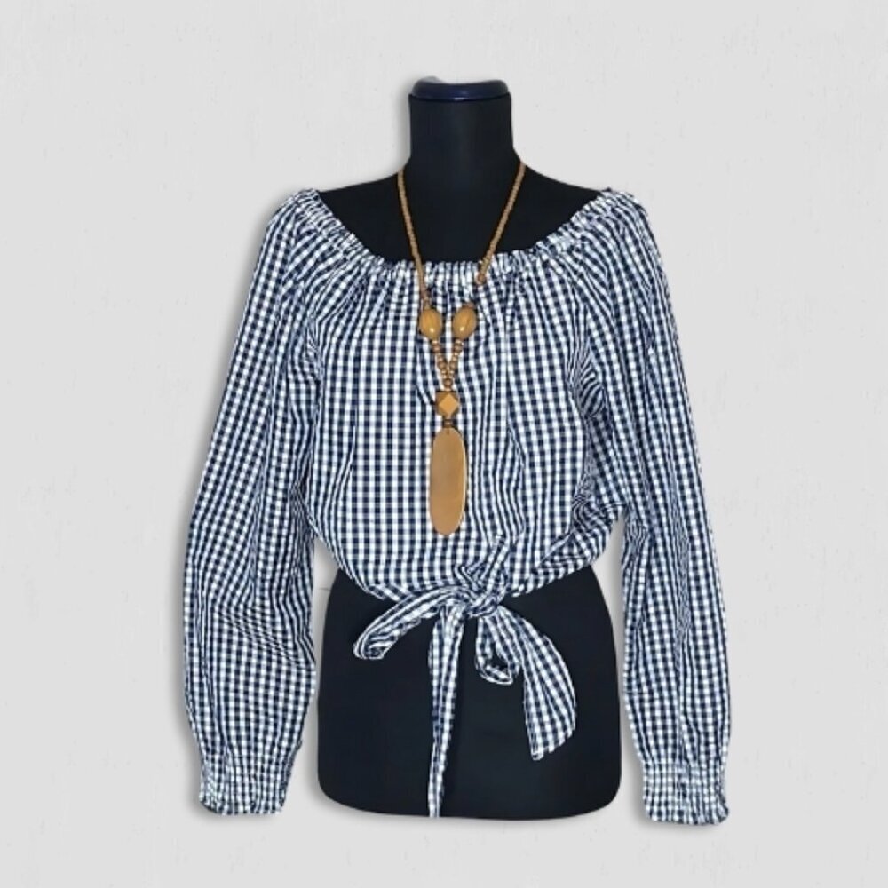 Sanctuary Claire Gingham Print Top White Navy Blue M - Picture 2 of 10